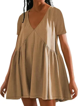 Womens Summer Babydoll Dresses 2024 Casual Short Sleeve Cotton Linen Mini-Dress Trendy Flowy Ruffle Swing Dress