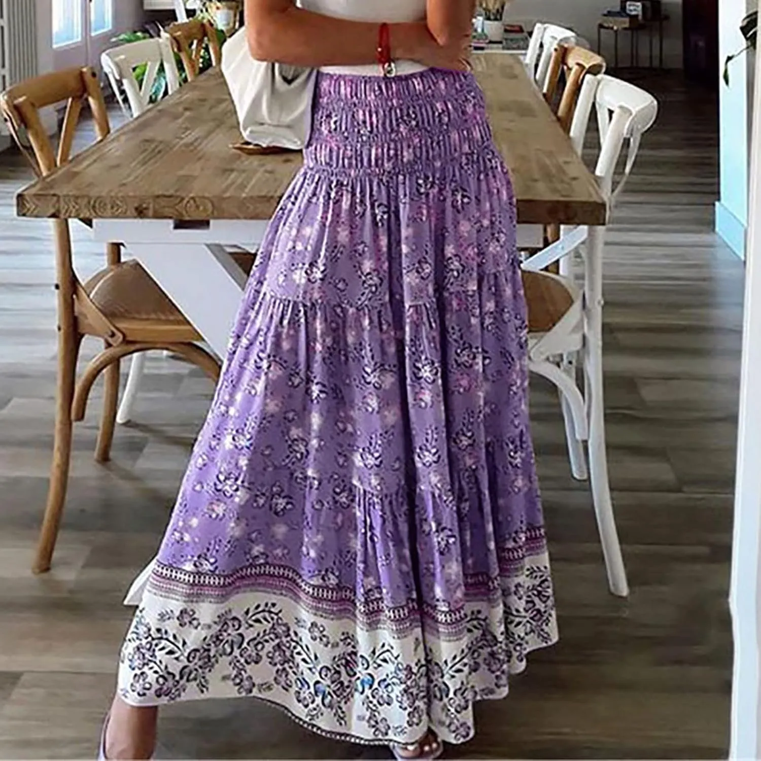 Womens Summer Boho Long Skirts Midi Ankle Length High Waist Floral Print A Line Pleated Bohemian Hippie Skirt