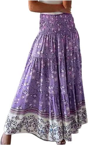 Womens Summer Boho Long Skirts Midi Ankle Length High Waist Floral Print A Line Pleated Bohemian Hippie Skirt