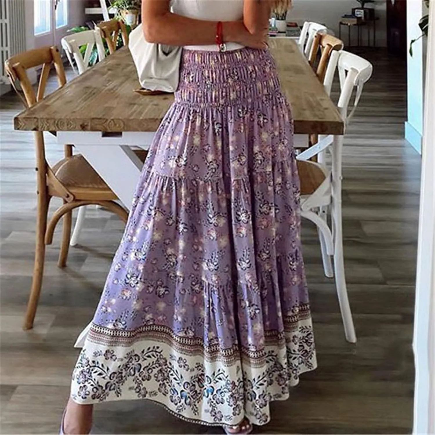 Womens Summer Boho Long Skirts Midi Ankle Length High Waist Floral Print A Line Pleated Bohemian Hippie Skirt