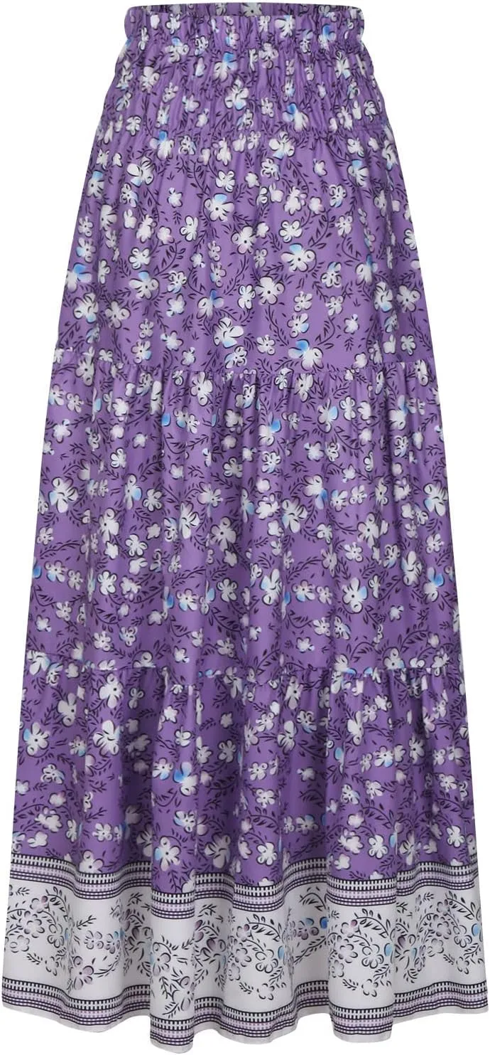 Womens Summer Boho Long Skirts Midi Ankle Length High Waist Floral Print A Line Pleated Bohemian Hippie Skirt