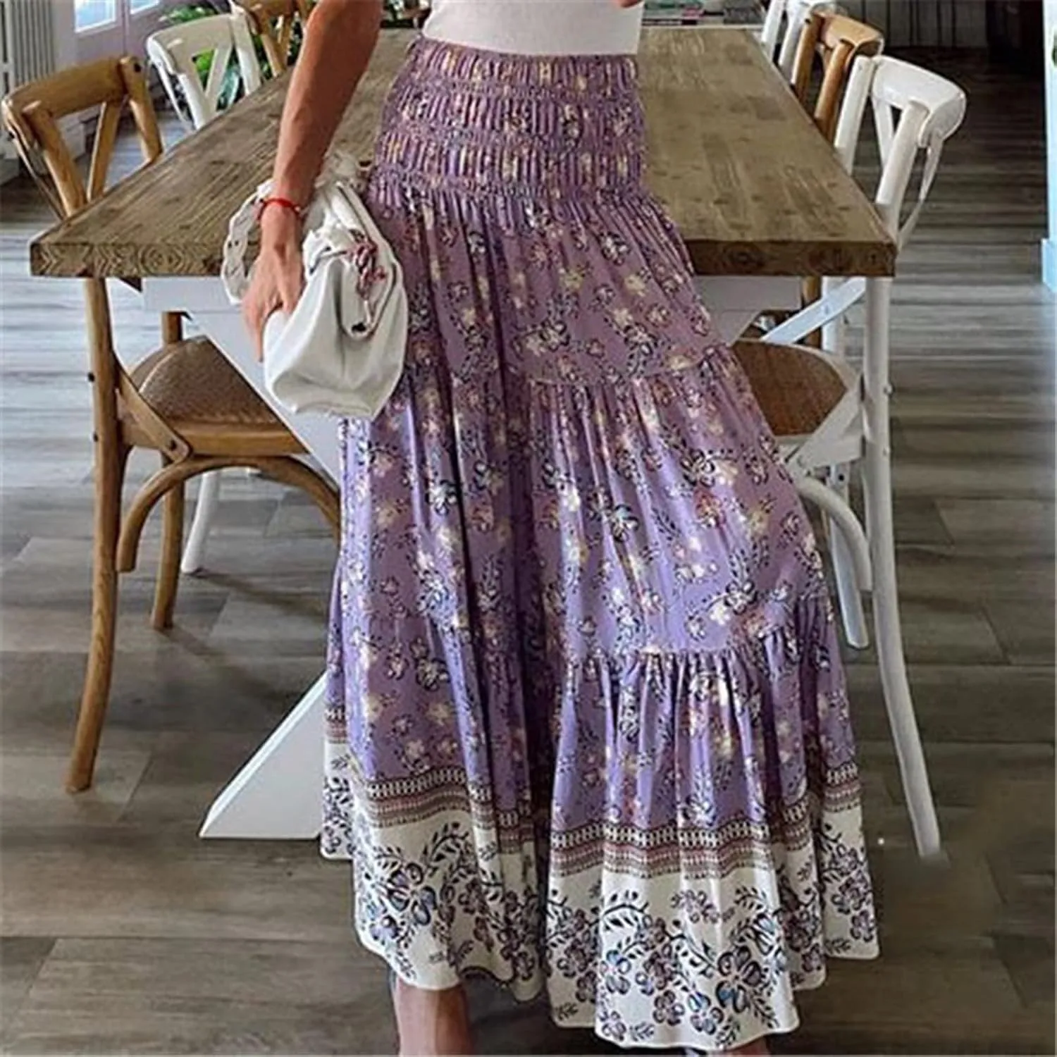Womens Summer Boho Long Skirts Midi Ankle Length High Waist Floral Print A Line Pleated Bohemian Hippie Skirt