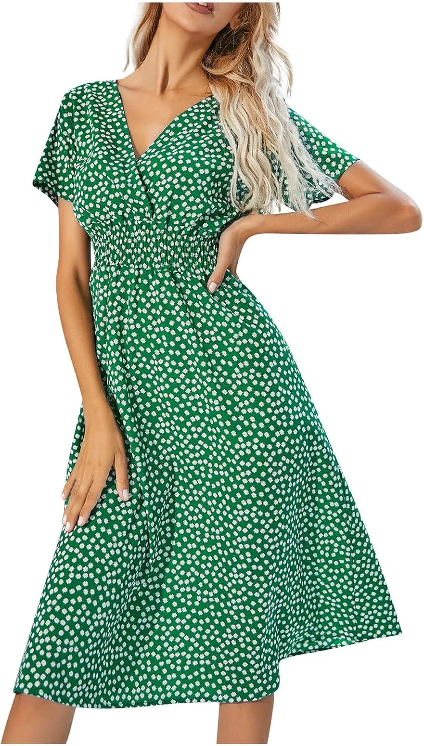 Women's Summer Casual Floral Print Boho Dress 2024 V-Neck Short Sleeve Maxi Dresses, S-5XL