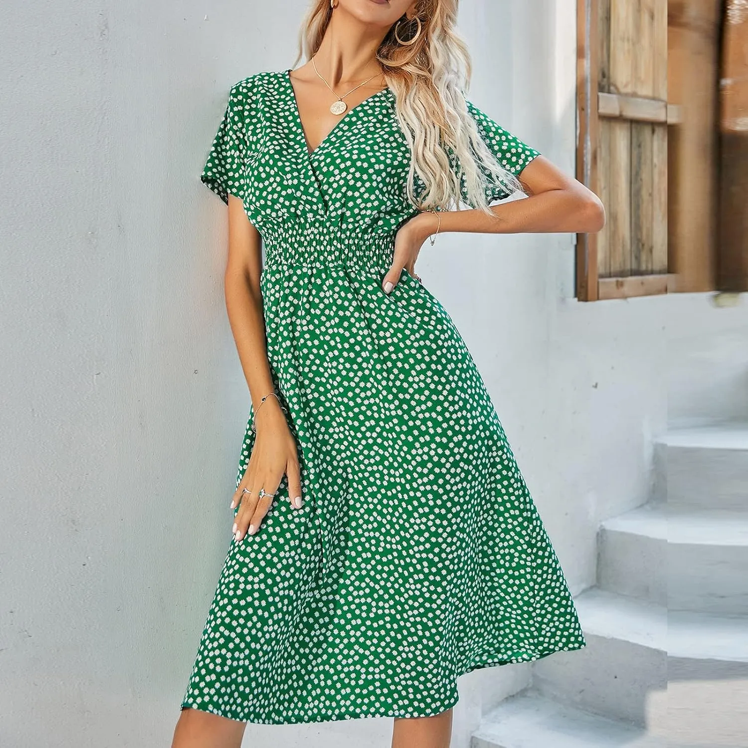 Women's Summer Casual Floral Print Boho Dress 2024 V-Neck Short Sleeve Maxi Dresses, S-5XL