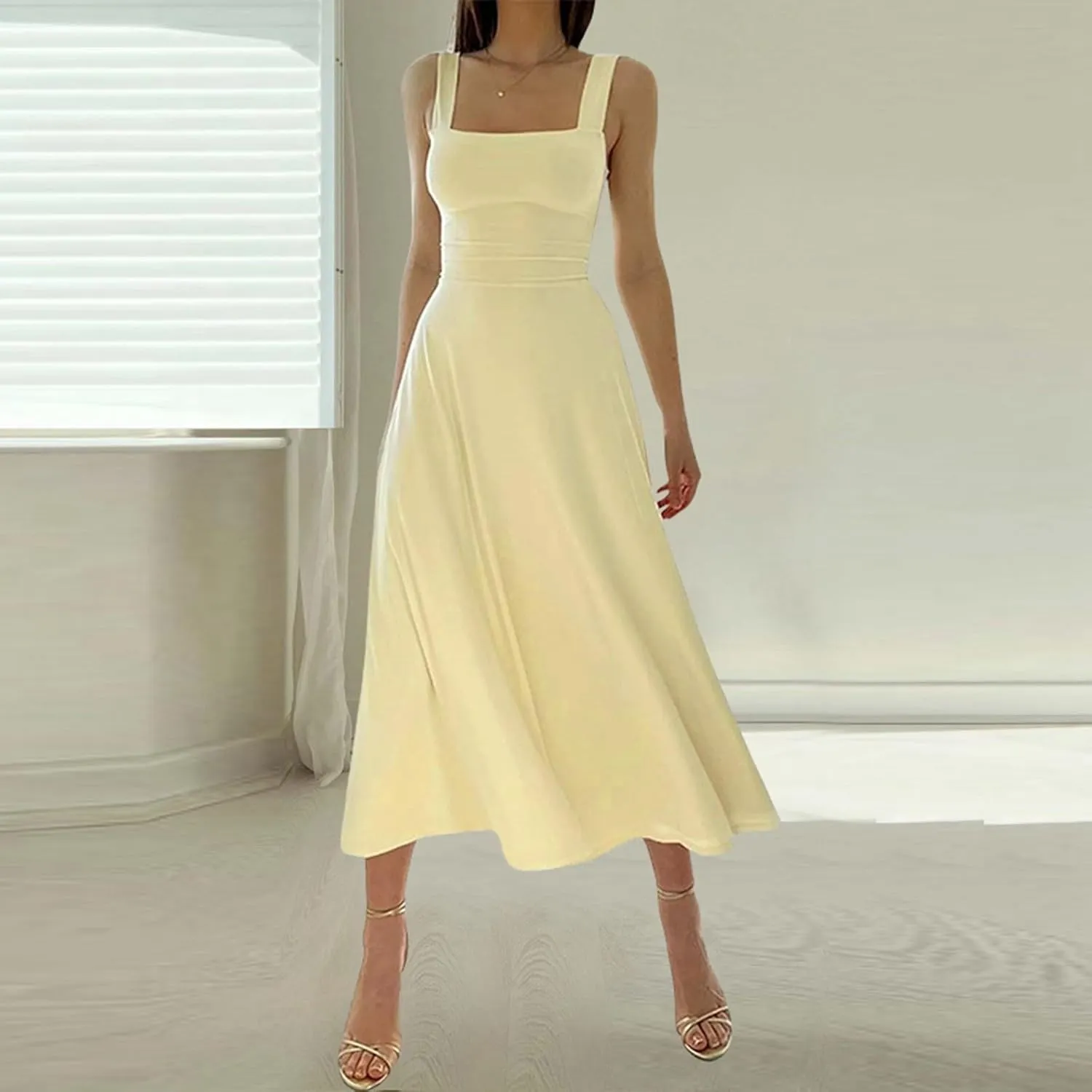 Womens Summer Casual Sleeveless Midi Dresses Scoop Neck Fit & Flare A-Line Flowy Long Sundress Beach Outfits