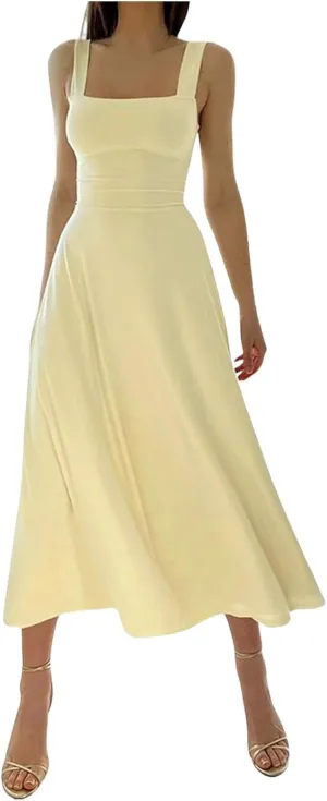 Womens Summer Casual Sleeveless Midi Dresses Scoop Neck Fit & Flare A-Line Flowy Long Sundress Beach Outfits