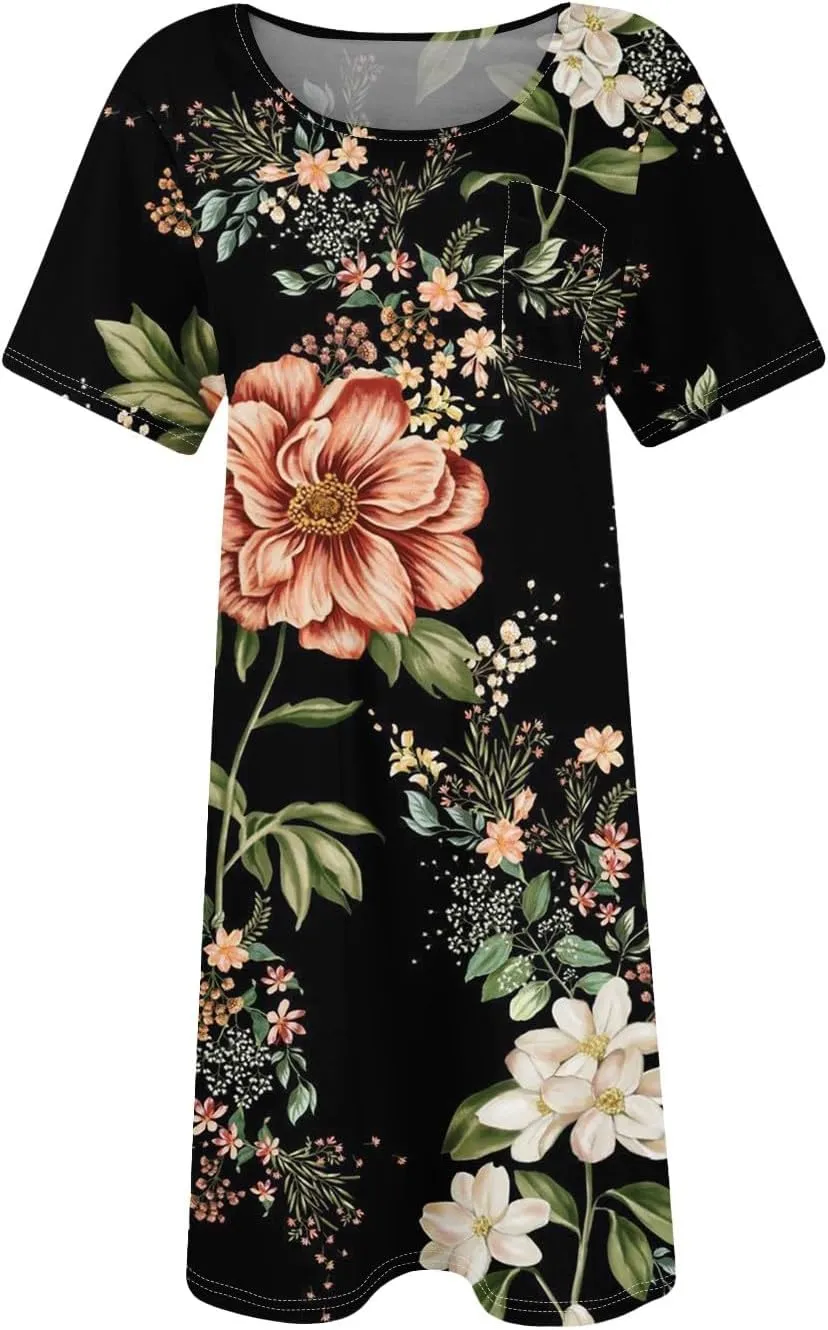 Women's Summer Casual Trendy Dress Floral Print Round Neck Short Sleeve Flowy Midi Dresses with Pocket, S-3XL
