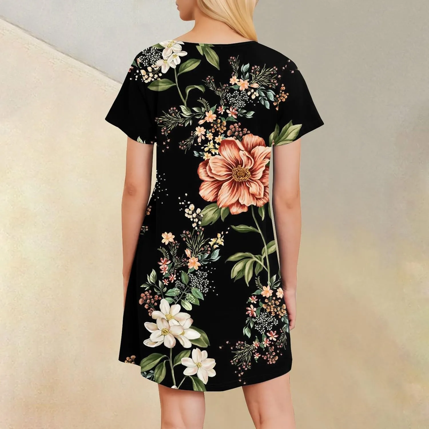 Women's Summer Casual Trendy Dress Floral Print Round Neck Short Sleeve Flowy Midi Dresses with Pocket, S-3XL