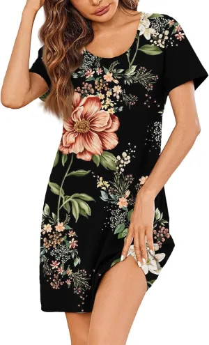 Women's Summer Casual Trendy Dress Floral Print Round Neck Short Sleeve Flowy Midi Dresses with Pocket, S-3XL