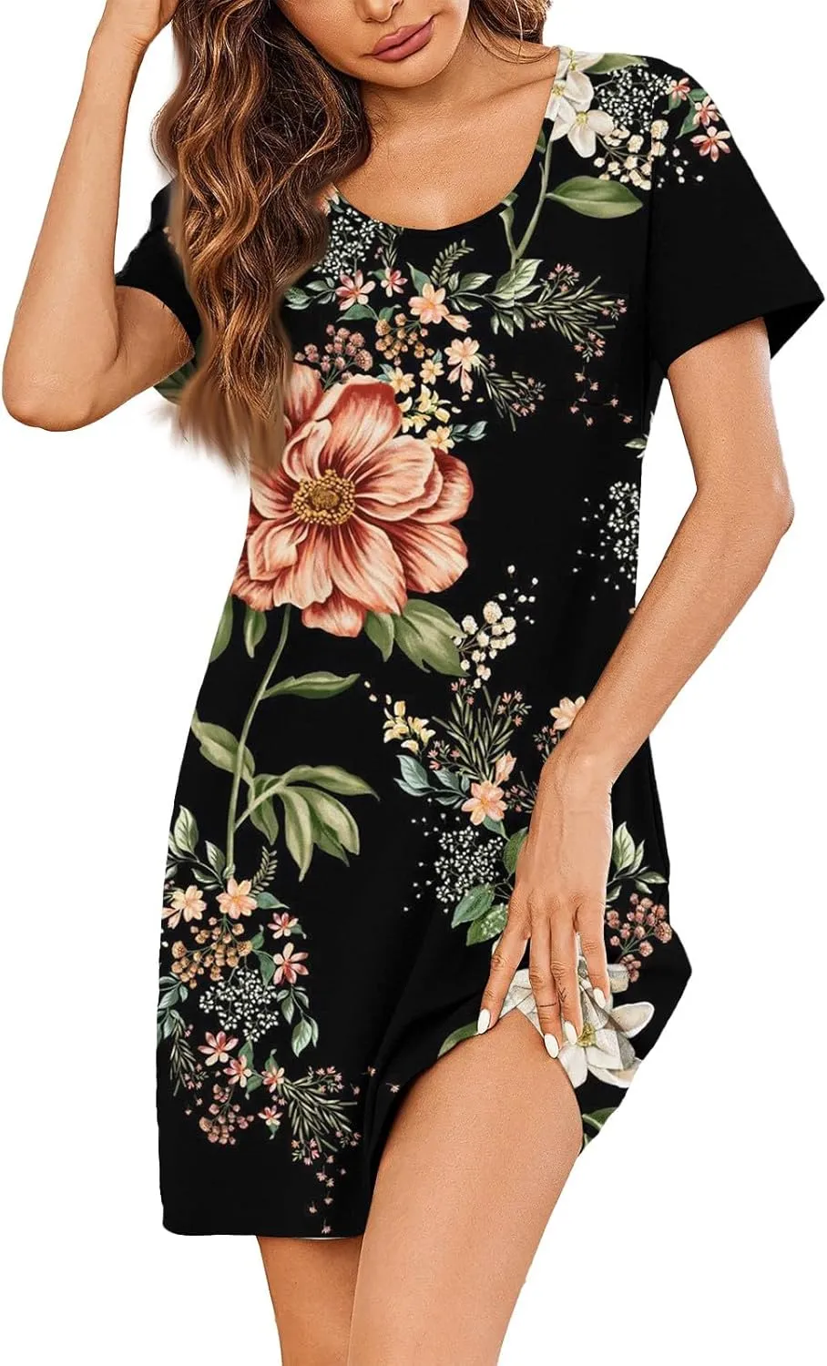 Women's Summer Casual Trendy Dress Floral Print Round Neck Short Sleeve Flowy Midi Dresses with Pocket, S-3XL