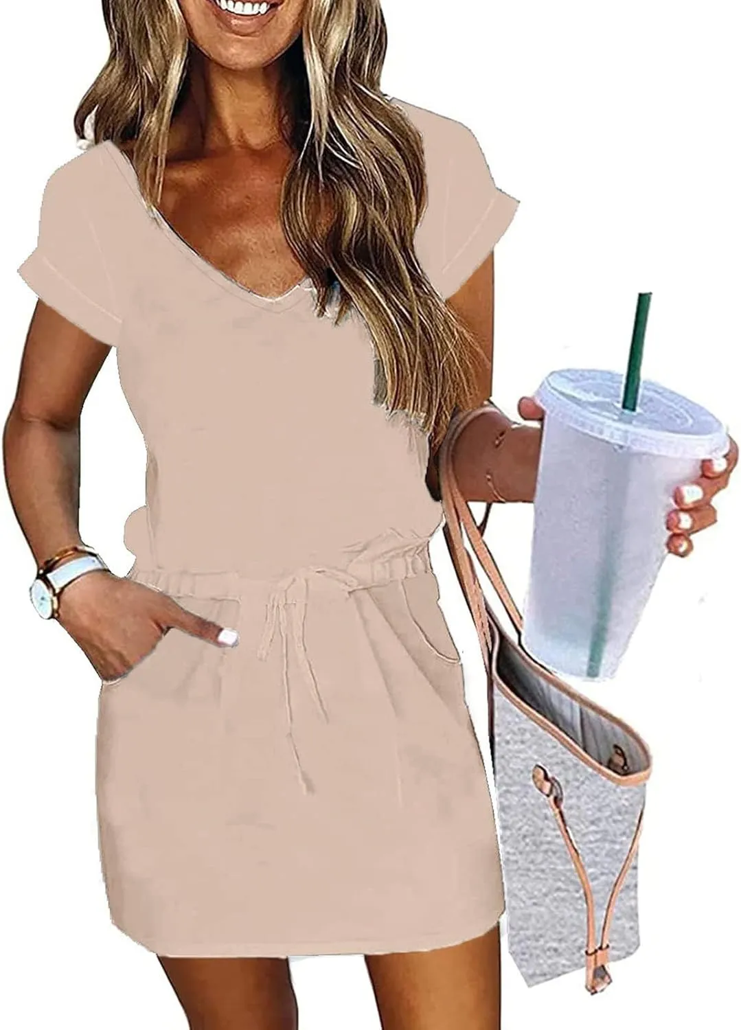 Womens Summer Dresses 2025 Casual Tie Front Short Sleeve a Line Midi Tshirt Dress Beach Vacation Clothes with Pockets