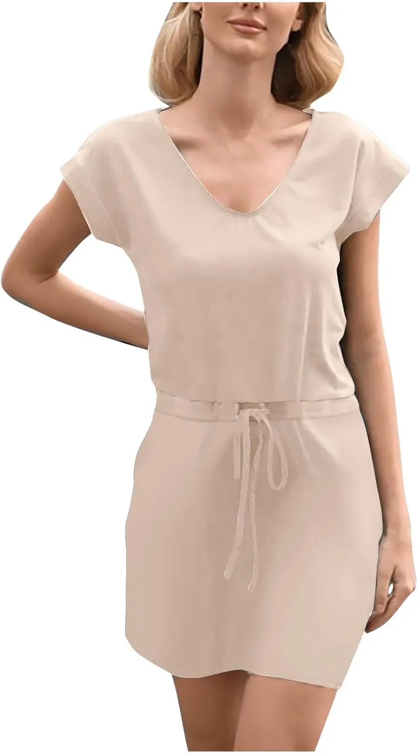 Womens Summer Dresses 2025 Casual Tie Front Short Sleeve a Line Midi Tshirt Dress Beach Vacation Clothes with Pockets
