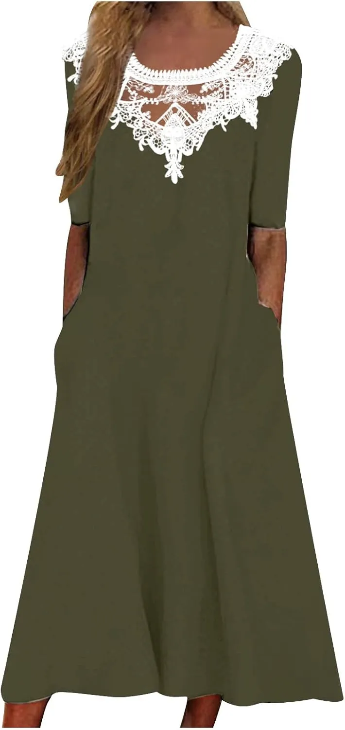 Womens Summer Dresses Beach Casual Loose Tshirt Dress Lace Neck Short Sleeve Flowy A Line Swing Sundress with Pockets