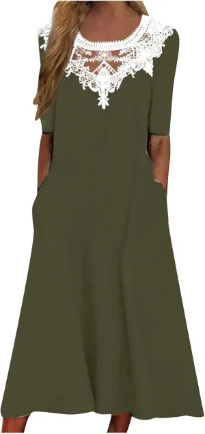 Womens Summer Dresses Beach Casual Loose Tshirt Dress Lace Neck Short Sleeve Flowy A Line Swing Sundress with Pockets