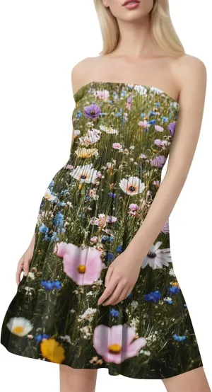 Womens Summer Mini Dress Strapless Sleeveless Trendy Boho Floral Sundress Flowy Ruffle Ruched Sexy Tube Top Dresses
