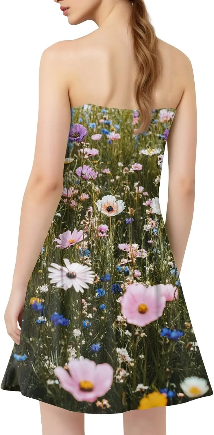 Womens Summer Mini Dress Strapless Sleeveless Trendy Boho Floral Sundress Flowy Ruffle Ruched Sexy Tube Top Dresses