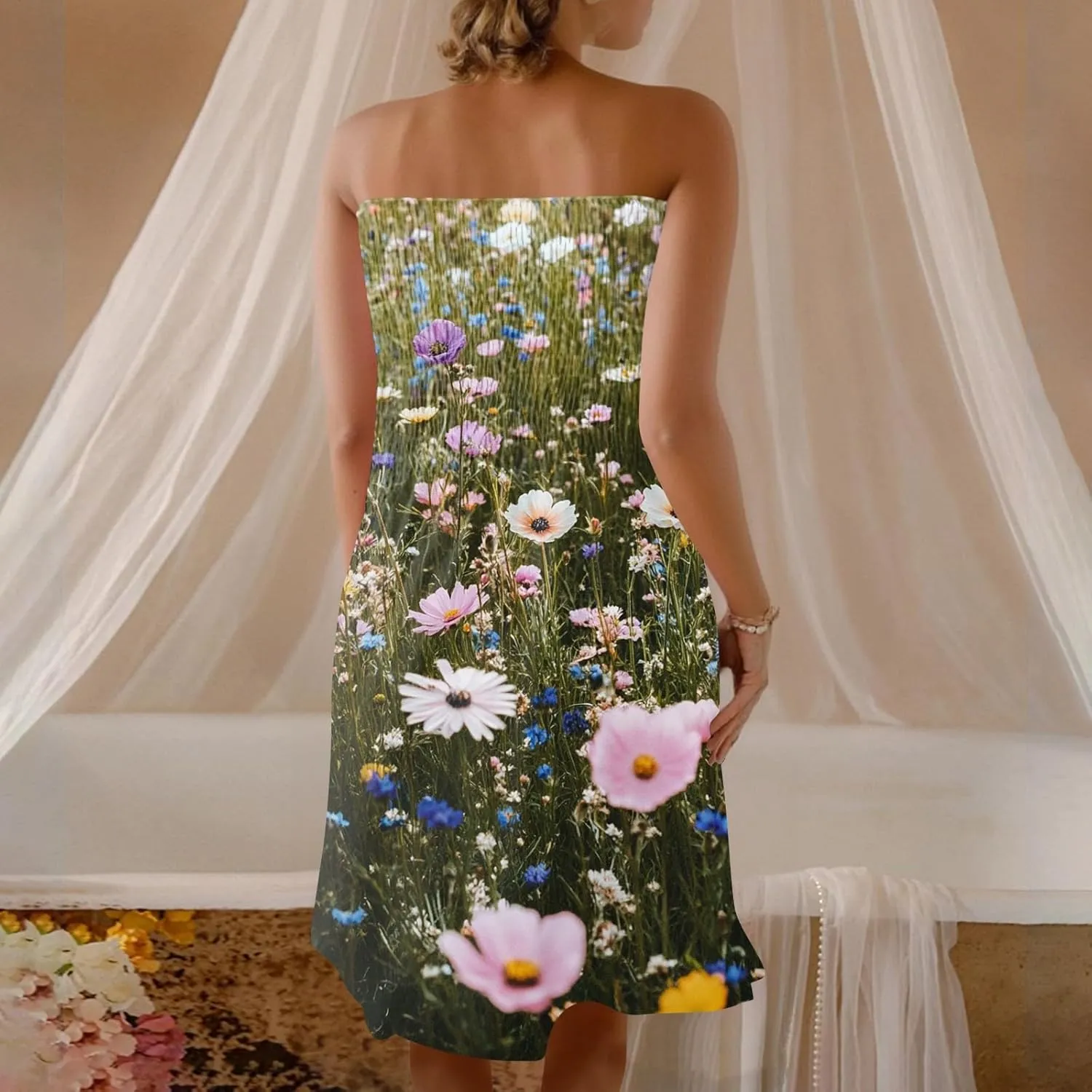 Womens Summer Mini Dress Strapless Sleeveless Trendy Boho Floral Sundress Flowy Ruffle Ruched Sexy Tube Top Dresses