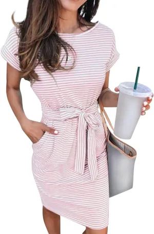 Women's Summer Striped Short Sleeve Tshirt Dress Business Casual Tie Waist Midi Dresses Cute Sun Dress with Pockets