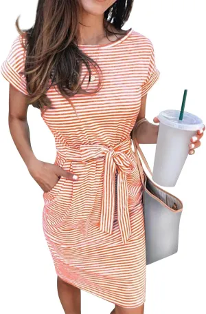 Women's Summer Striped Short Sleeve Tshirt Dress Business Casual Tie Waist Midi Dresses Cute Sun Dress with Pockets
