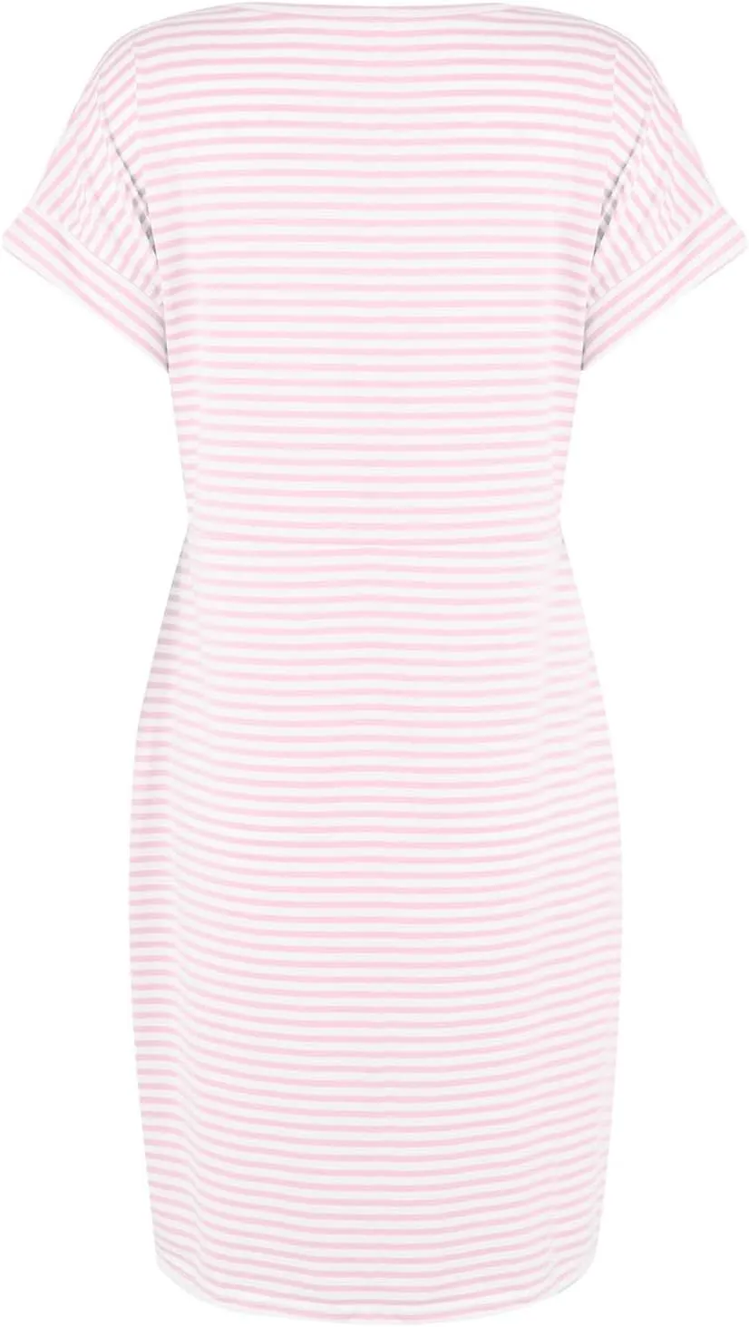 Women's Summer Striped Short Sleeve Tshirt Dress Business Casual Tie Waist Midi Dresses Cute Sun Dress with Pockets