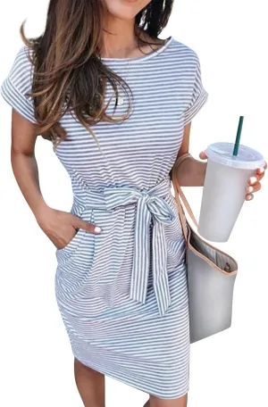 Women's Summer Striped Short Sleeve Tshirt Dress Business Casual Tie Waist Midi Dresses Cute Sun Dress with Pockets