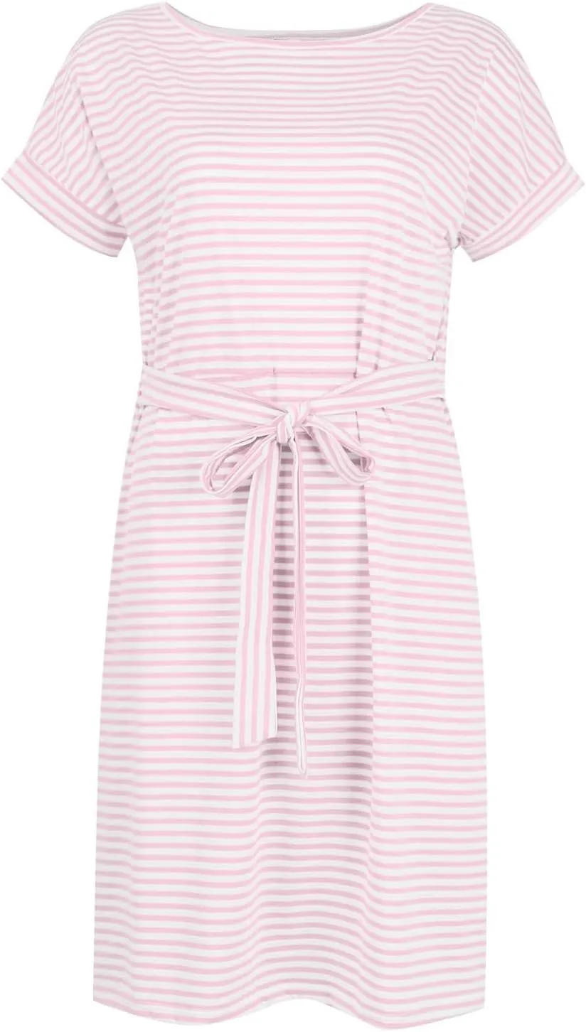 Women's Summer Striped Short Sleeve Tshirt Dress Business Casual Tie Waist Midi Dresses Cute Sun Dress with Pockets