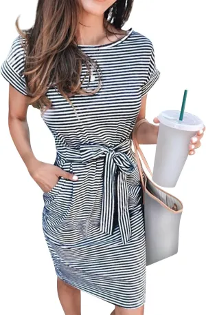Women's Summer Striped Short Sleeve Tshirt Dress Business Casual Tie Waist Midi Dresses Cute Sun Dress with Pockets