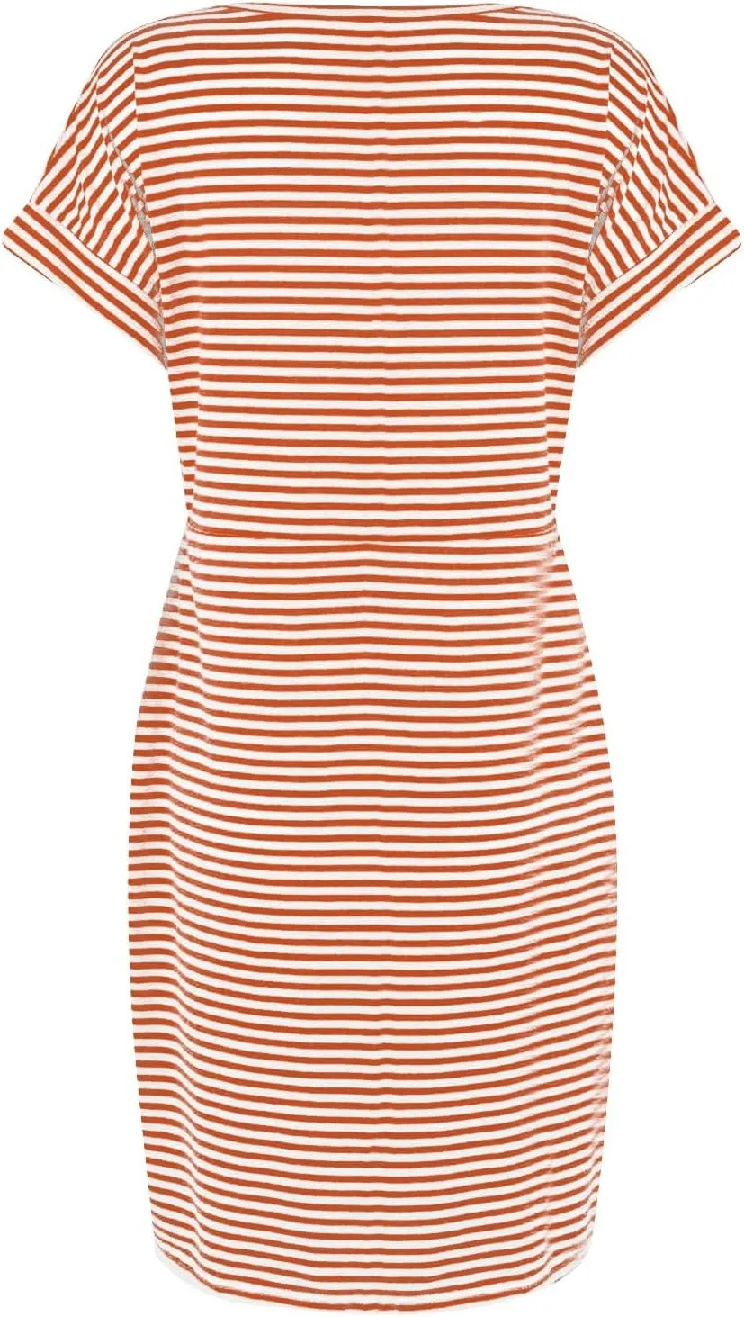 Women's Summer Striped Short Sleeve Tshirt Dress Business Casual Tie Waist Midi Dresses Cute Sun Dress with Pockets