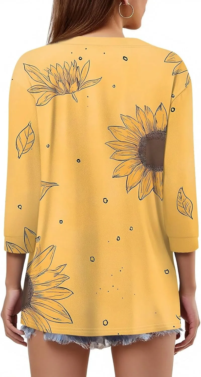 Womens Summer Tops 3/4 Length Sleeve V Neck Button Down Shirts Business Casual Outfit Basic Loose Fit Tees