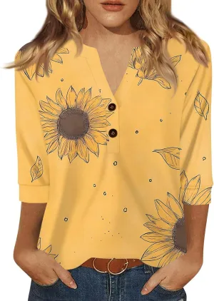 Womens Summer Tops 3/4 Length Sleeve V Neck Button Down Shirts Business Casual Outfit Basic Loose Fit Tees