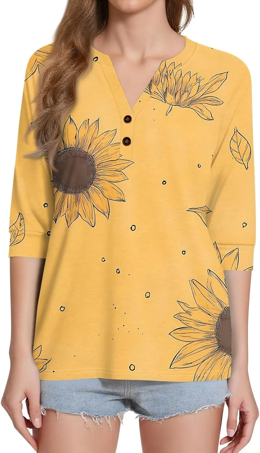 Womens Summer Tops 3/4 Length Sleeve V Neck Button Down Shirts Business Casual Outfit Basic Loose Fit Tees