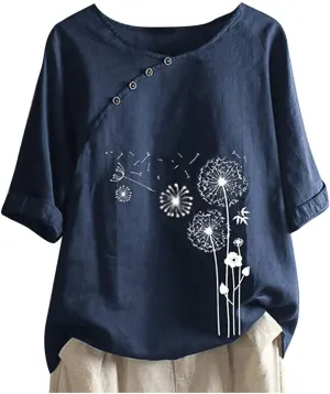 Women's Summer Tops Casual Cotton Linen T Shirts Short Sleeve Round Neck Shirt Oversized Floral Graphic Tees