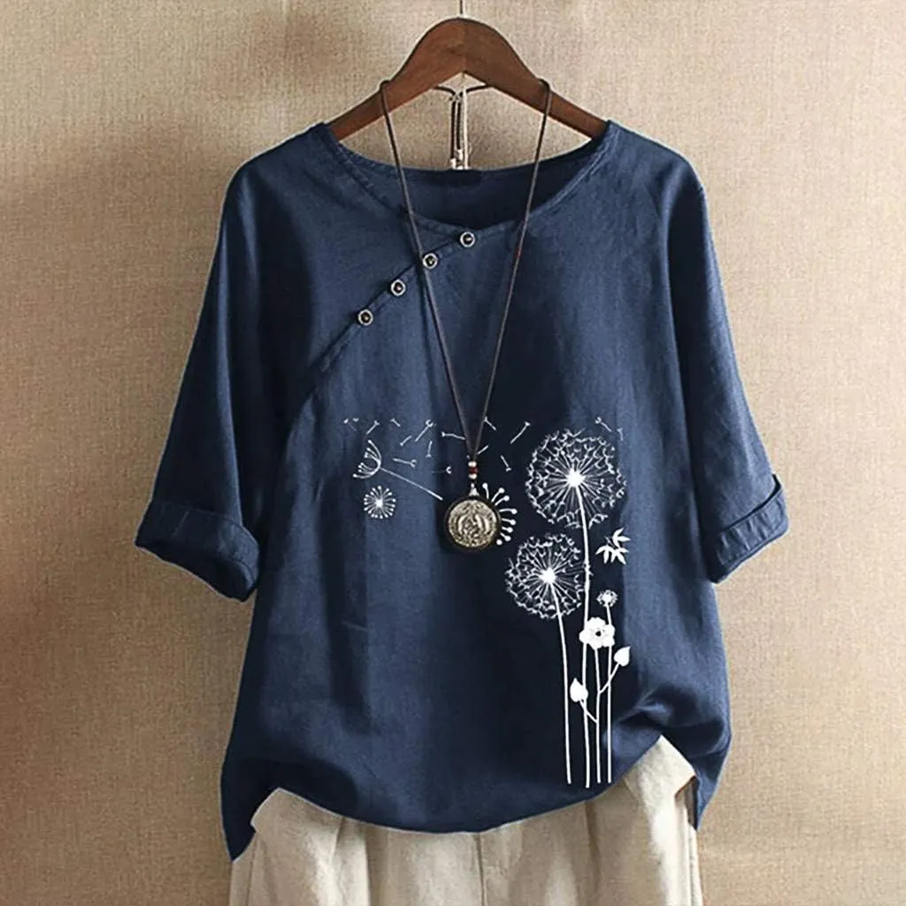 Women's Summer Tops Casual Cotton Linen T Shirts Short Sleeve Round Neck Shirt Oversized Floral Graphic Tees