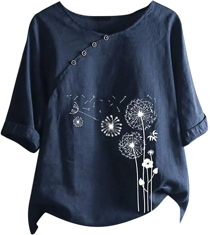 Women's Summer Tops Casual Cotton Linen T Shirts Short Sleeve Round Neck Shirt Oversized Floral Graphic Tees
