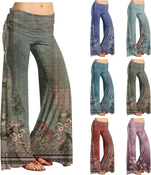 Women's Summer Vintage Print Wide Leg Pants Casual Flared Drawstring Trousers Elastic High Waist Palazzo Pants