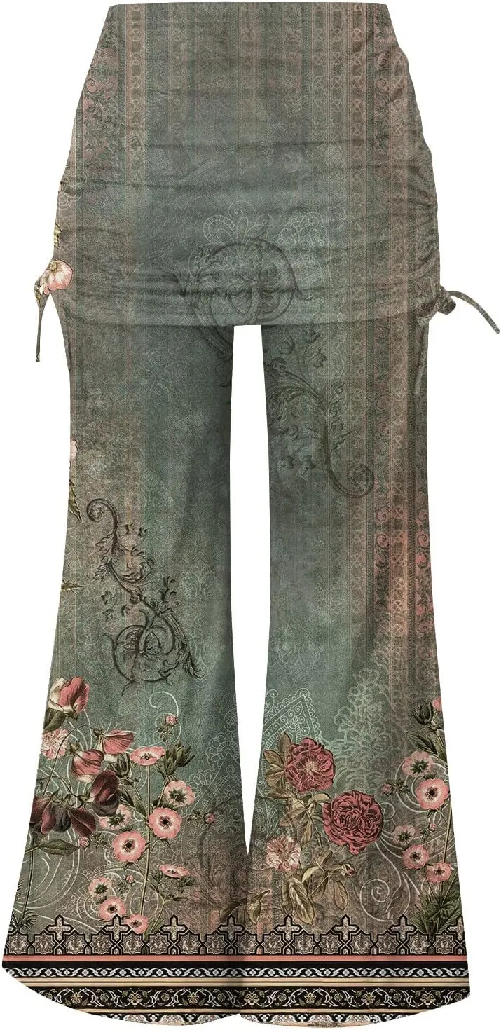 Women's Summer Vintage Print Wide Leg Pants Casual Flared Drawstring Trousers Elastic High Waist Palazzo Pants