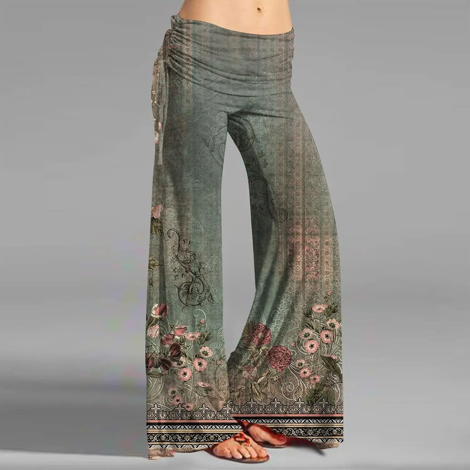 Women's Summer Vintage Print Wide Leg Pants Casual Flared Drawstring Trousers Elastic High Waist Palazzo Pants