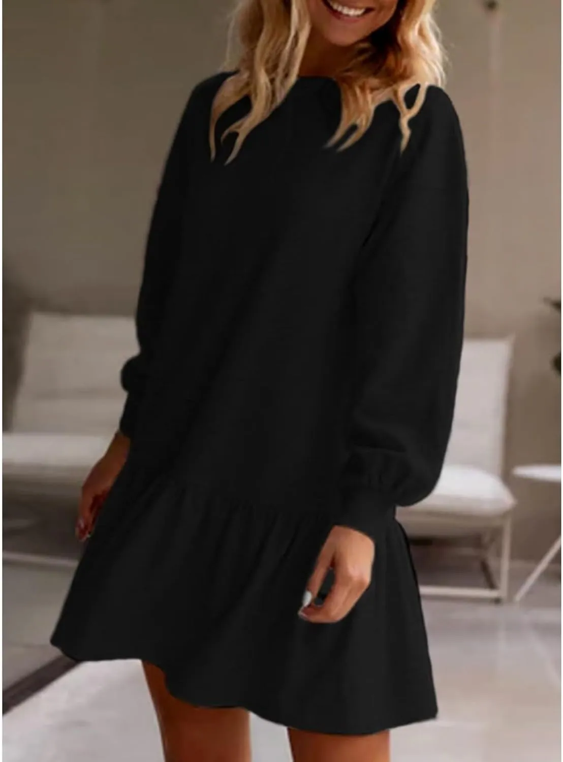 Womens Sweatshirt Dresses Solid Rib Knit Patchwork Dress Casual Long Sleeve Crewneck Pullover Tops Mini Pleated Dress