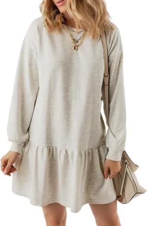 Womens Sweatshirt Dresses Solid Rib Knit Patchwork Dress Casual Long Sleeve Crewneck Pullover Tops Mini Pleated Dress