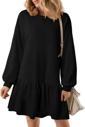 Womens Sweatshirt Dresses Solid Rib Knit Patchwork Dress Casual Long Sleeve Crewneck Pullover Tops Mini Pleated Dress