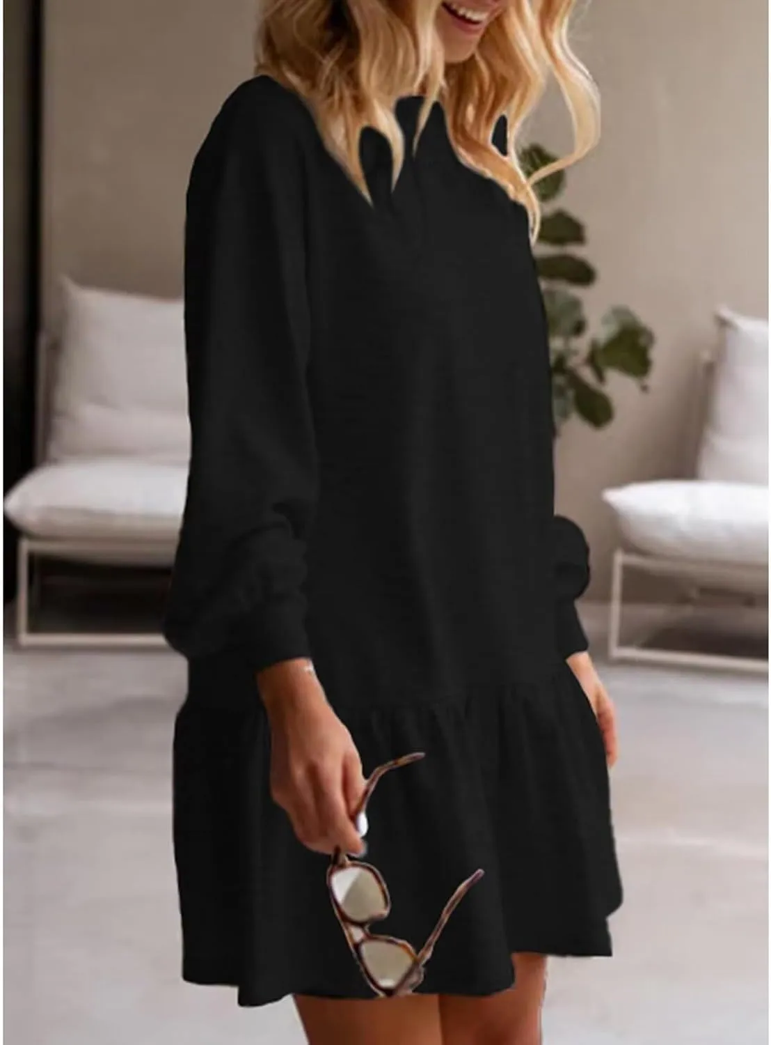 Womens Sweatshirt Dresses Solid Rib Knit Patchwork Dress Casual Long Sleeve Crewneck Pullover Tops Mini Pleated Dress