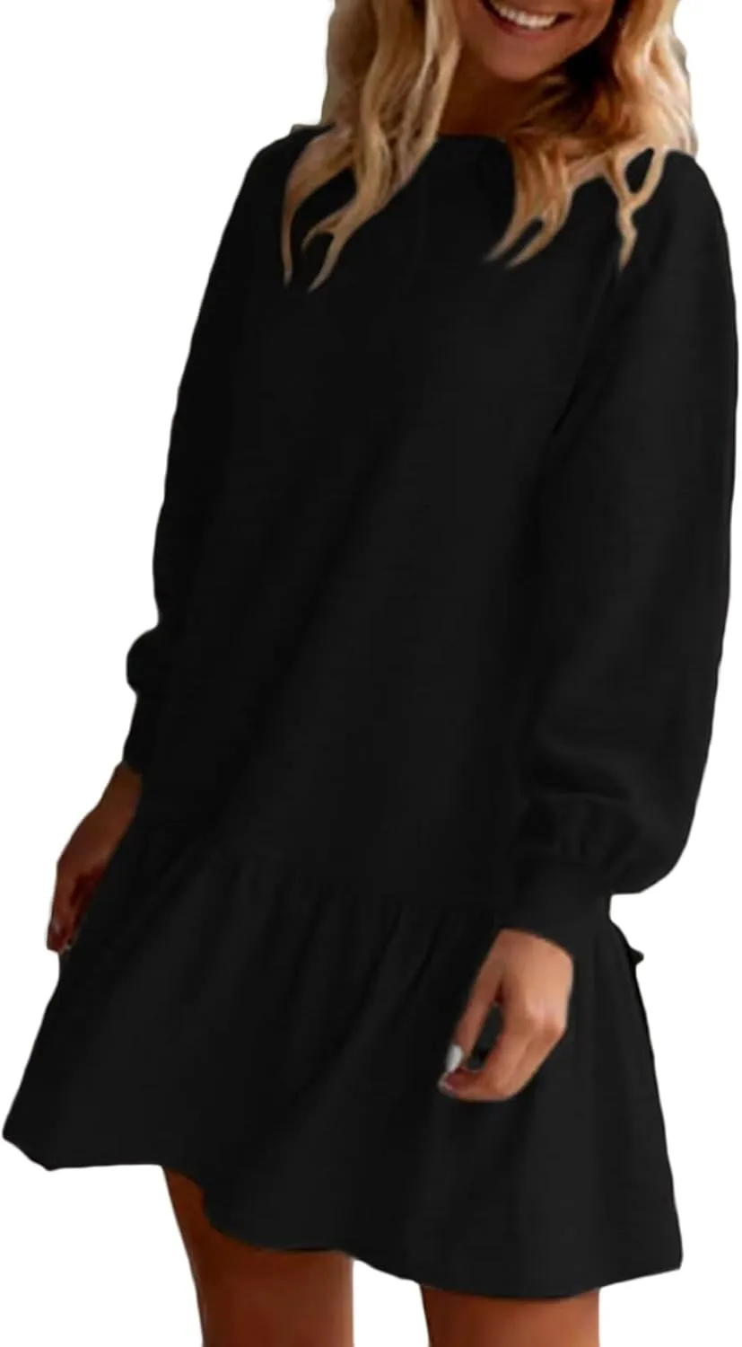 Womens Sweatshirt Dresses Solid Rib Knit Patchwork Dress Casual Long Sleeve Crewneck Pullover Tops Mini Pleated Dress