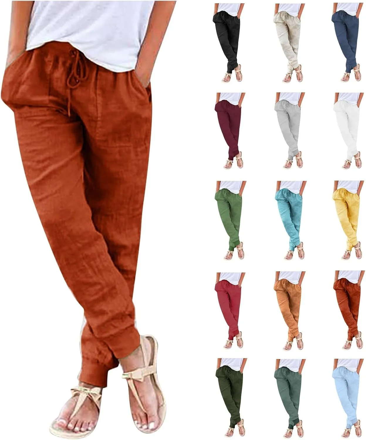 Womens Tapered Pants Cotton Linen Drawstring Elastic Waist Pants Casual Trousers with Pockets Joggers Travel Slacks