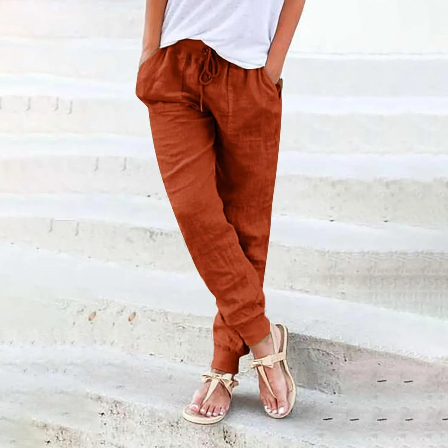 Womens Tapered Pants Cotton Linen Drawstring Elastic Waist Pants Casual Trousers with Pockets Joggers Travel Slacks
