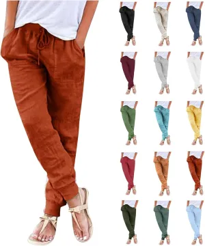 Womens Tapered Pants Cotton Linen Drawstring Elastic Waist Pants Casual Trousers with Pockets Joggers Travel Slacks