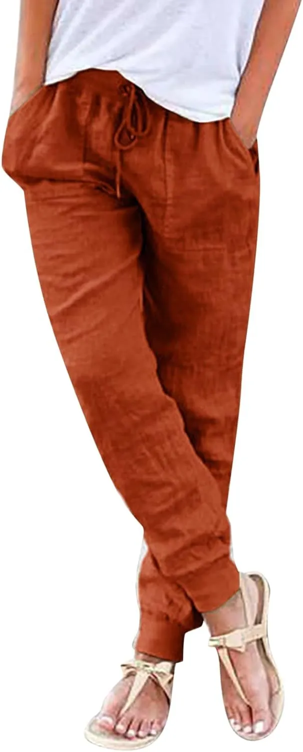 Womens Tapered Pants Cotton Linen Drawstring Elastic Waist Pants Casual Trousers with Pockets Joggers Travel Slacks