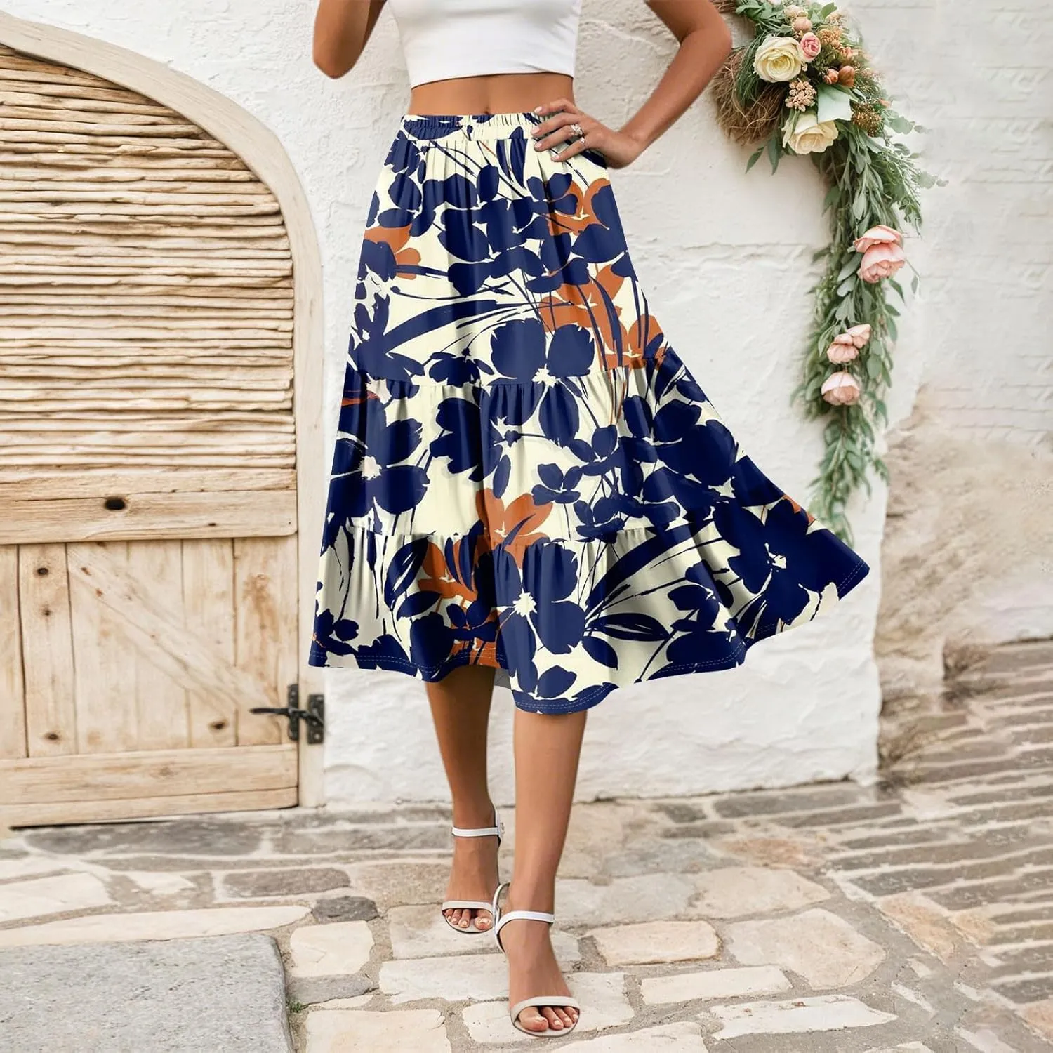 Women's Tiered Boho Floral Skirts midi Trendy 2025 high Elastic Waist a line Skirts Long Ruffle Flowy Vacation Skort