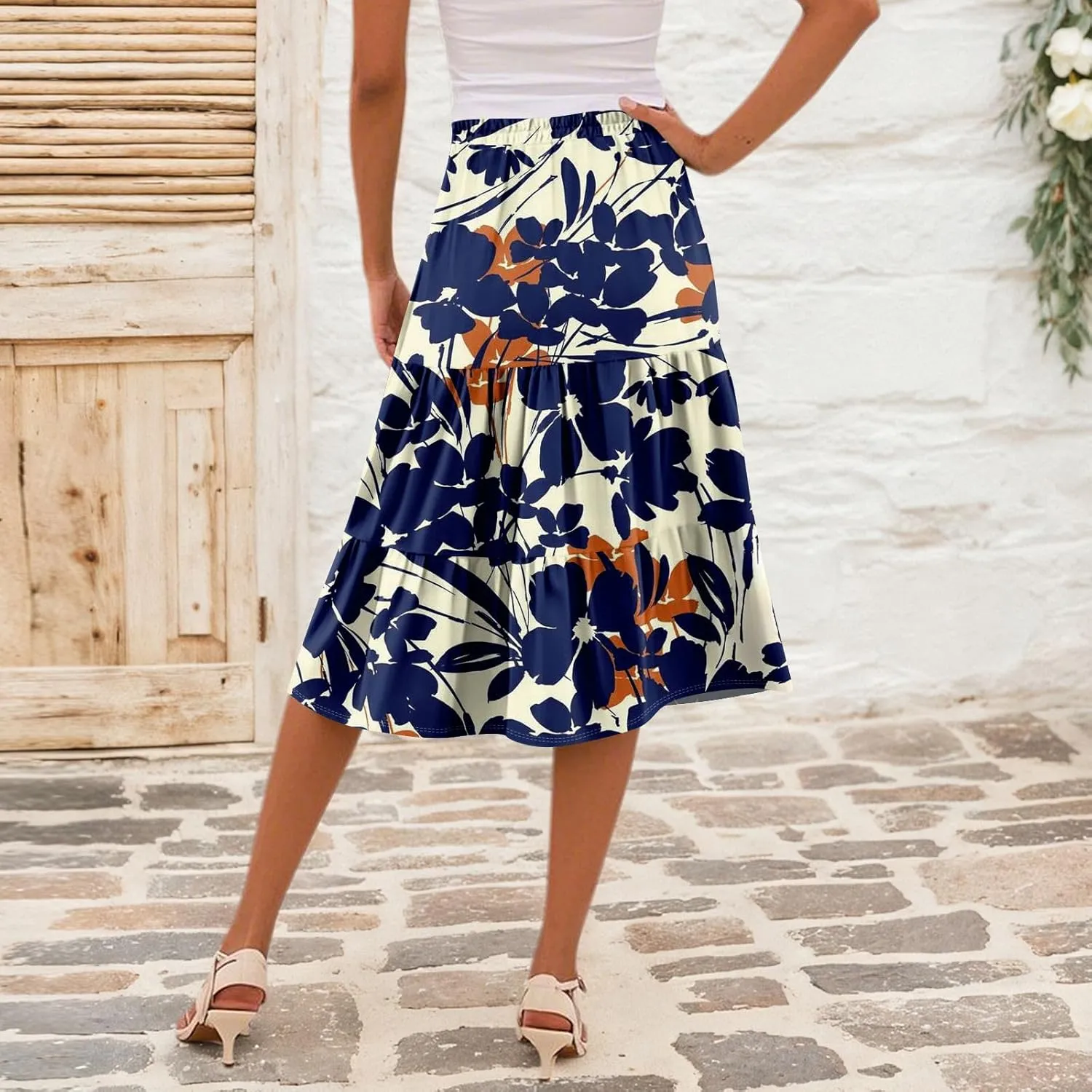 Women's Tiered Boho Floral Skirts midi Trendy 2025 high Elastic Waist a line Skirts Long Ruffle Flowy Vacation Skort