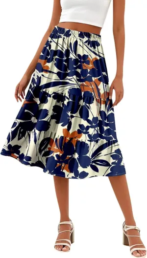 Women's Tiered Boho Floral Skirts midi Trendy 2025 high Elastic Waist a line Skirts Long Ruffle Flowy Vacation Skort