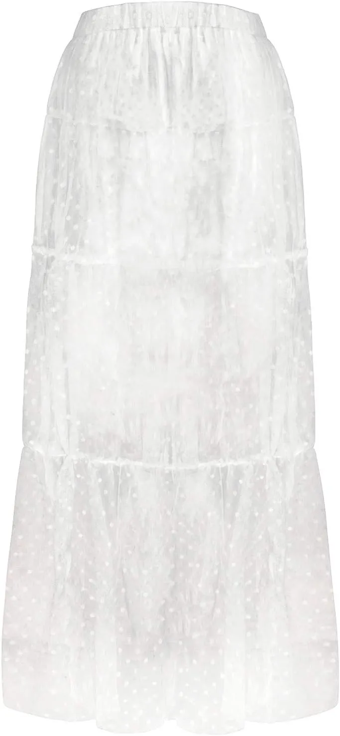 Women's Tiered Sheer Mesh Ballet Trim Skirt Prom Party A Line Midi Skirt Womens Pleated Cheer Ankle Puffy Skirts